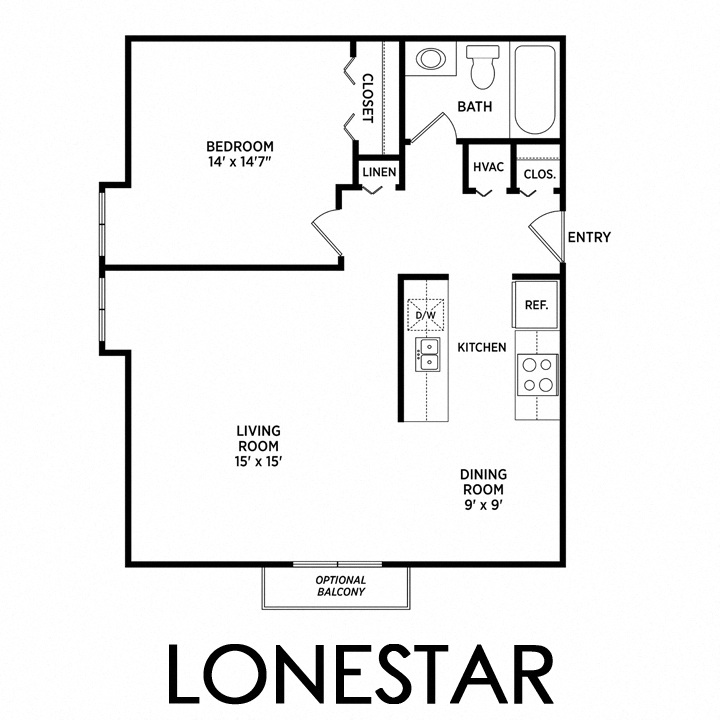 Floor plan for 1 bed, 1 bath, 700 sqft